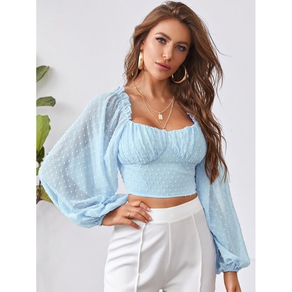 SHEIN Tops - Shein Swiss Dot‎ Crop Top Ruched Sweetheart Neck Long Sleeve Blue S
